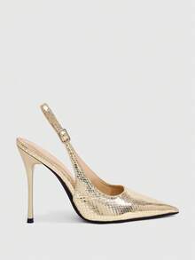 CUCCOO SZL Snake Pointed Back Empty Stiletto Shoes, Metal Buckle, Thin High Heels For Workplace Commuting - Light gold - View 2