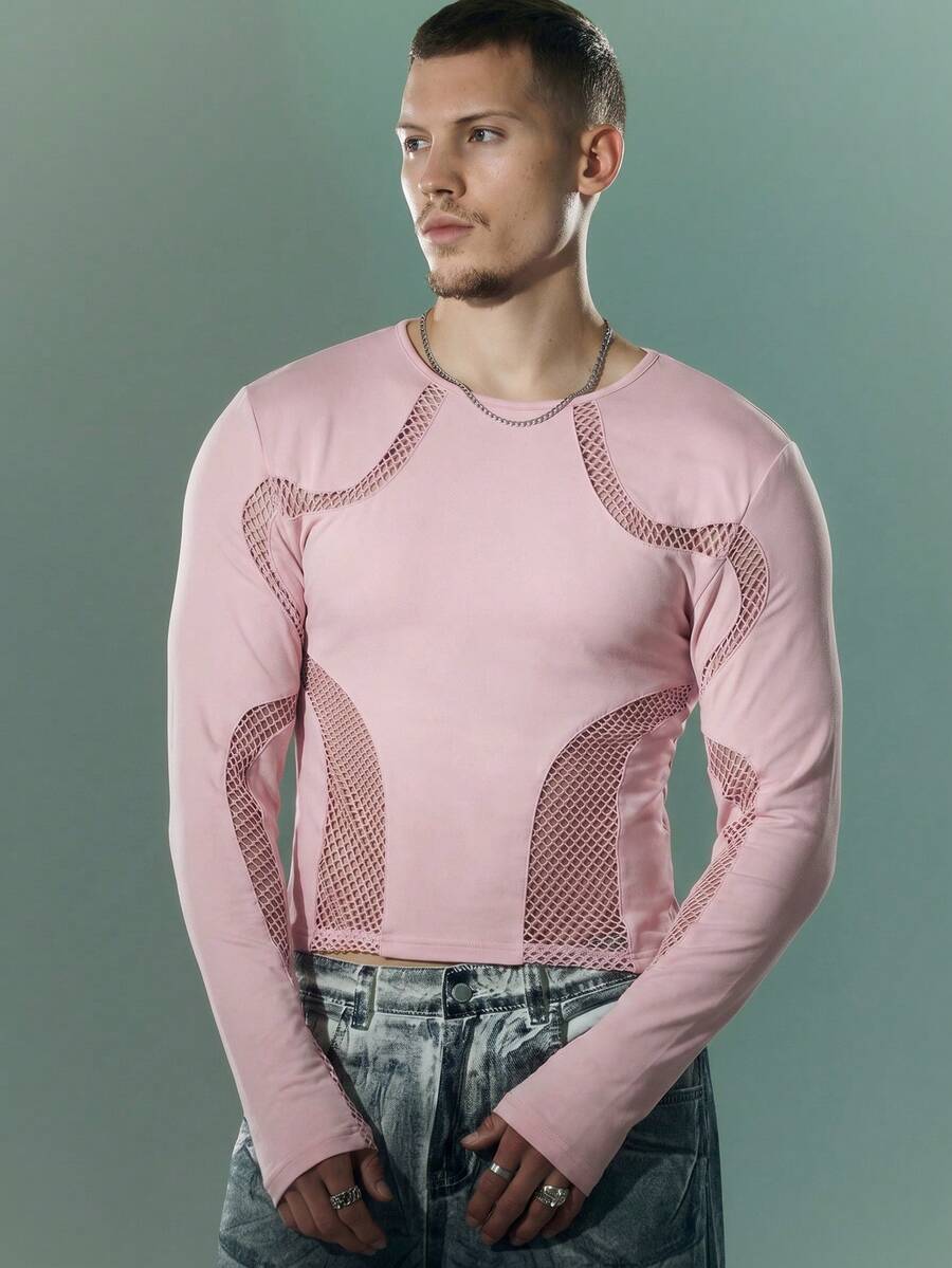 FeverCity Men's Hollow Patchwork Long Sleeve T-Shirt - Pink - View 1