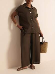 Elaquor Plus Size Women's Solid Color Short Sleeve Single-Breasted Shirt Pants Casual Traditional 2 Pieces Set Summer Vacation Daily Going Out Brunch Formal - Chocolate Brown - View 7