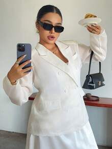 Dazy Plus Solid Color Casual Padded Shoulder Notch Lapel Loose Fit Plus Size Women's Long Sleeve Allover White Blazer Western Outfits Autumn Formal - Apricot - View 3