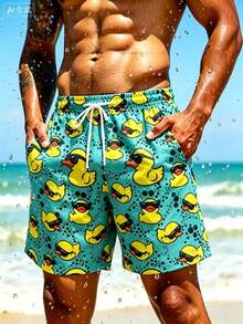 Surfspeed Pantalones cortos de playa con cordón en la cintura y estampado de pato de dibujos animados para hombre de talla grande - Verde - Ver 2