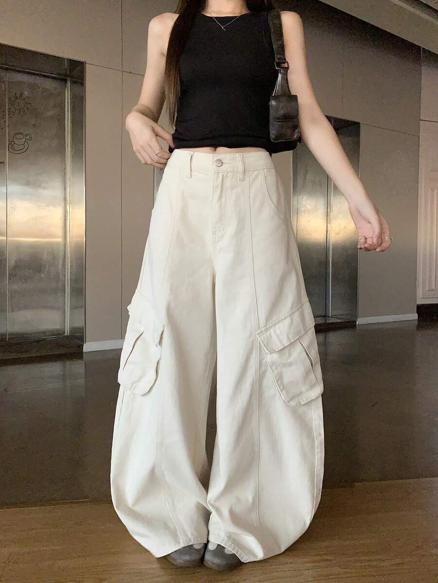 DAZY 女款鈕扣休閒百搭日常穿著微彎腿牛仔褲 - 米色 - 查看 1