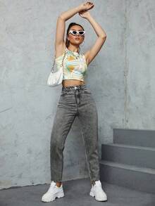 SHEIN ICON 女款休閒百搭牛仔Mom牛仔褲，附口袋 - 灰色 - 查看 9