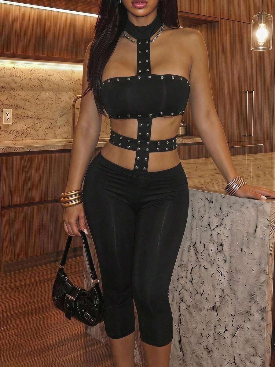 Slaydiva Mono de una pieza ajustado para mujer con tirantes de collar con remaches negros y plateados, espalda abierta cruzada, estilo dulce Y2K de calle para festival de música de verano, rave y club