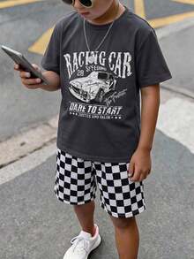 SHEIN 2件組兒童青少年男孩休閒復古做舊汽車圖案寬鬆短袖灰色T恤與棋盤格短褲套裝，賽車造型，Y2K風格，夏季上衣，夏季短褲，男孩套裝 - 彩色 - 查看 3