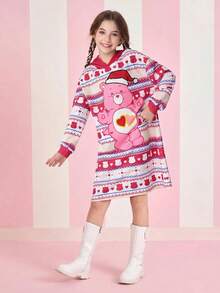 SHEIN X Care Bears 秋冬款 Tween 女童圣诞熊与雪花印花撞色宽松落肩粉色卫衣连衣裙 - 粉色 - 查看 1