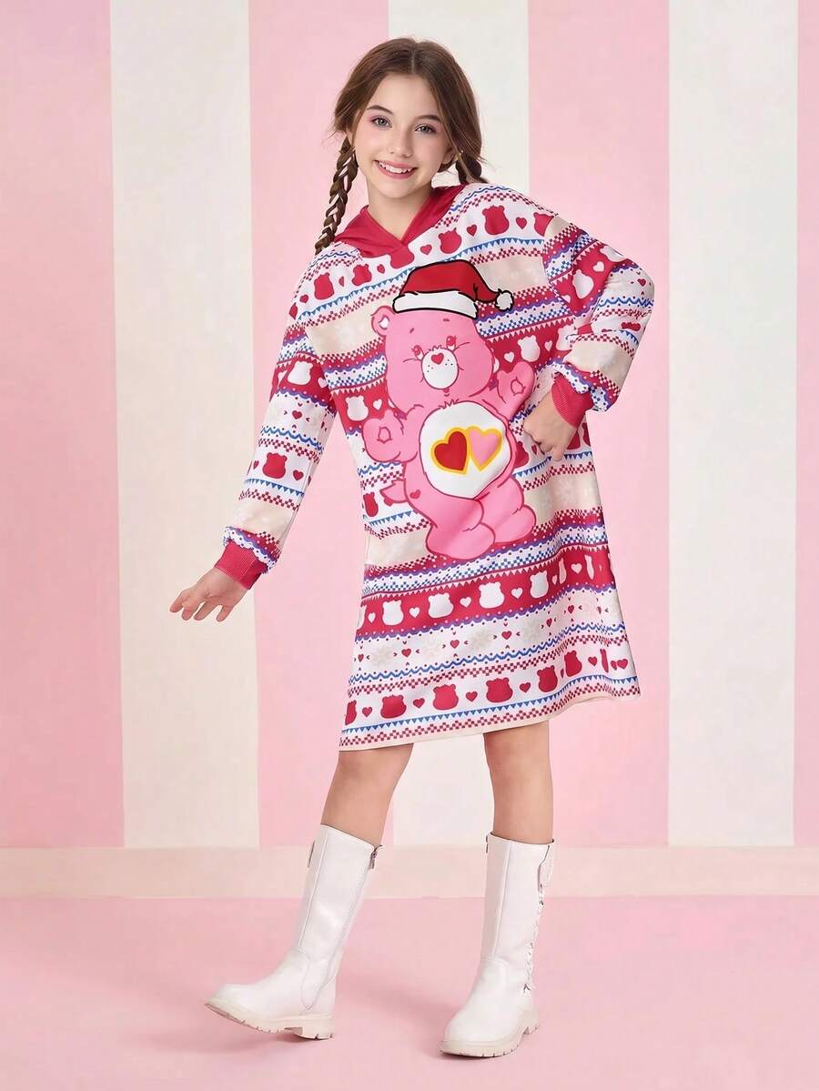 SHEIN X Care Bears 秋冬款 Tween 女童圣诞熊与雪花印花撞色宽松落肩粉色卫衣连衣裙 - 粉色 - 查看 1