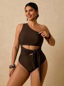 Travachic Plus Size Women's Solid Color Cutout Waist Knot One-Piece Swimsuit For Vacation Bathing Suit - Brown - View 6