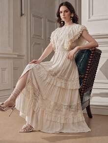 Anewsta Vestido de mujer con cuello de pie, encaje, volantes en la cintura y capas de color marfil - Beis - Ver 7
