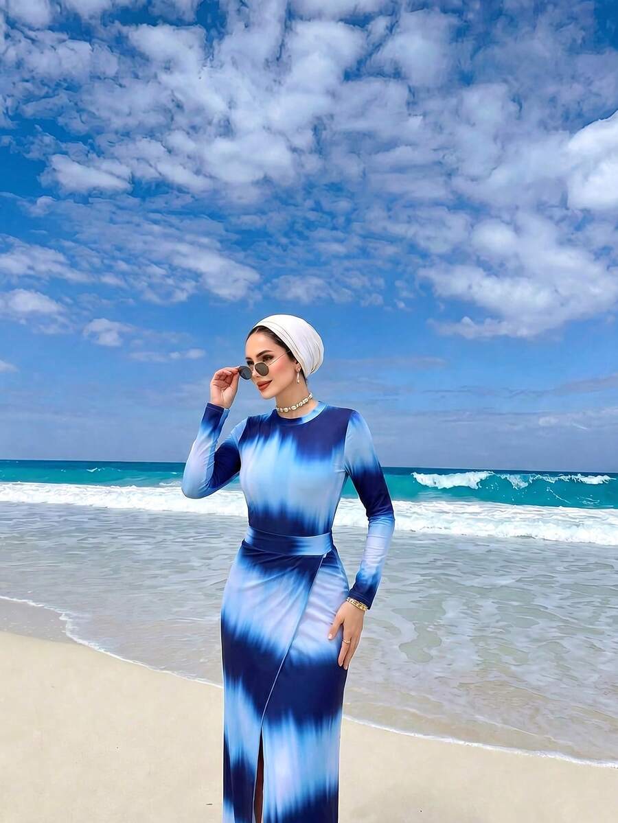 Swim Shayni 时尚蓝白扎染女士长袖泳装连衣裙 - 侧开衩裙摆设计,端庄全包臀沙滩度假泳装 - 彩色 - 查看 1