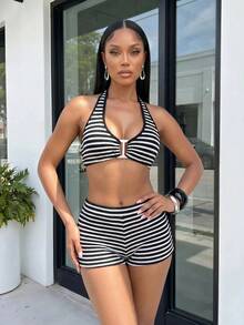SHEIN BamGlam Back To School Teacher Women's Summer Beachwear Black And White Striped Fabric Bikini Top And High-Waisted Shorts Swimsuit 2-Piece Set Suitable For Beach Vacation, Casual Party And Other Occasions - Black and White - View 5