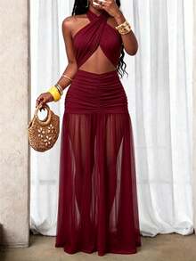 BamGleam Women's Ultra Long Floor-Length Halter Neck Mesh Ruched Backless Dress - Burgundy - View 4