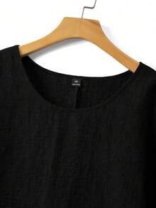 SHEIN Camisa casual de mujer de talla grande con cuello redondo y textura de unicolor - Negro - Ver 5