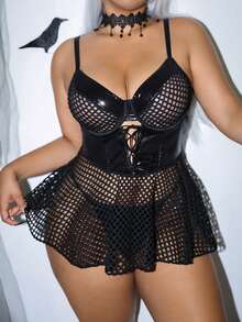 AltCore Plus Size Fashion Punk Hollow Mesh Reflective Fabric Slip Dress + Thong 2pcs Set - Black - View 5