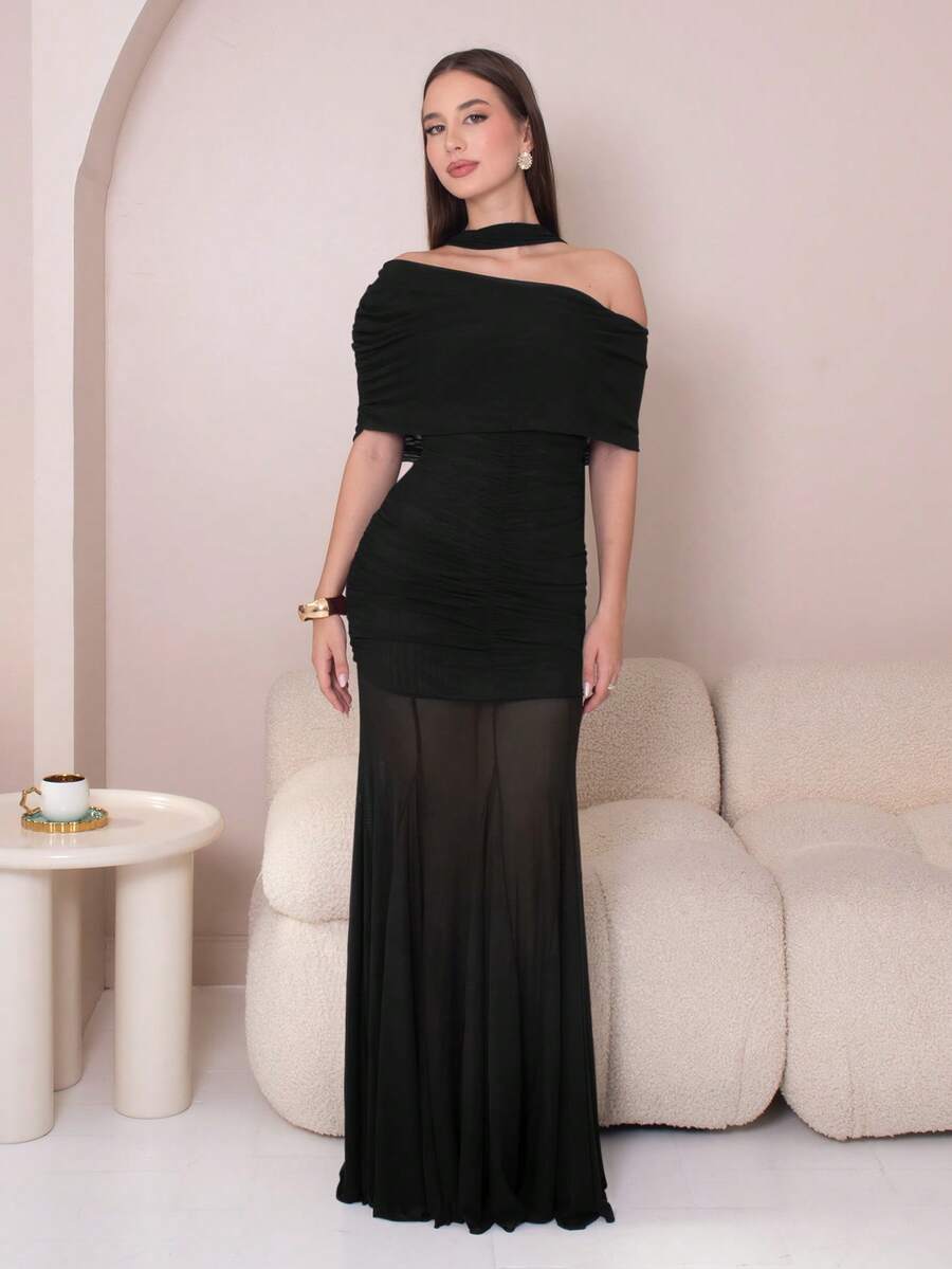 Duda Rubert 女款優雅不對稱領扭結抓皺修身網紗拼接洋裝,夏季婚禮賓客禮服,情人節穿搭,黑色 - 黑色 - 查看 1