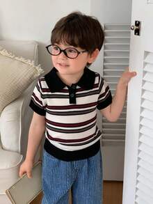 DAZY Infant/Toddler (Boy) Polo Collar Striped Short Sleeve Spring/Summer Knit Top - Black and White - View 8