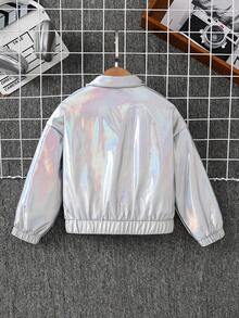 SHEIN Young Girls YoungGirl 休閒梭織純色長袖短版夾克，日常穿著 Y2K 女孩金屬感夾克，Y2K 銀色夾克返校秋季款 - 銀色 - 查看 7