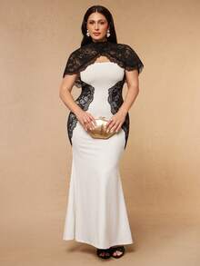 SHEIN BAE CURVE Plus Size Women's Black Lace Patchwork Long Dress, Cover-Up Top Set Evening Wedding Summer Formal Elegant - White - View 7