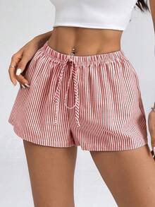 SHEIN PETITE 女款條紋低腰短褲，適合夏季度假海灘 - 紅色 - 查看 4