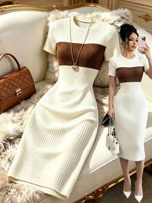 Elenzga Vestido de manga corta ajustado con costillas y contraste de color minimalista y versátil para mujer - Multicolor - Ver 1