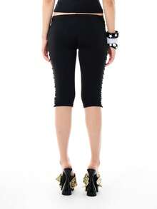 SUMWON WOMEN Lace-Up Capri Leggings With Side Eyelet Detail And Corset-Style Tie Closure Cropped Length - Black - View 2