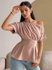 DAZY Spring Summer Casual Romantic Elegant Asymmetric Shoulder Waist-Cinching Women's Blouse School Dinner Office Date Night Dusty Pink - Pink - View 5