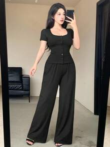 DAZY 女款 2 件套黑色 T 恤開襟衫直筒長褲休閒居家運動套裝，適合春夏秋季 - 黑色 - 查看 2