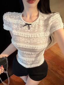 Joudiya Women's French Sweet Style Romantic Elegant Heavy Beaded Bow Lace Hollow Crochet T-Shirt Summer Tea Party Date High Tea Date Night White Floral - White - View 3
