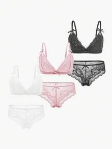 Bisouelle 3pcs Set Solid Color Lace Bralette & Bikini Panty Lingerie Set (No Wire Bra, Triangle Panty)For Summerfor Summer - Multicolor - View 1
