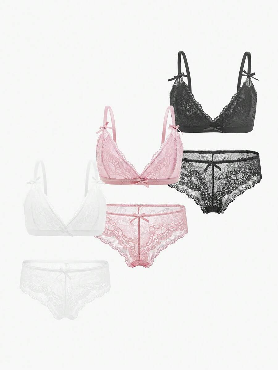 Bisouelle 3pcs Set Solid Color Lace Bralette & Bikini Panty Lingerie Set (No Wire Bra, Triangle Panty)For Summerfor Summer - Multicolor - View 1