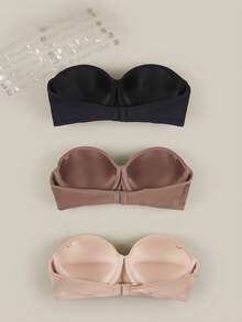 Bralution 3-Pack Multi-Color Strapless Bras, Black, Deep Nude & Beige, Underwire Molded Cup, High-Support Push-Up Balconette - Multicolor - View 2