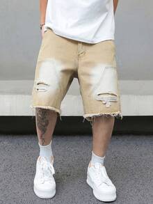 Manfinity EMRG Quần short denim thường ngày tua rua có túi bên hông dành cho nam - Màu Khaki - Xem 4
