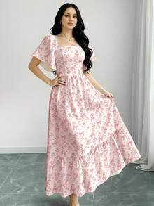 Modelyn Gaun Elegan Motif Digital Kupu-kupu & Bunga untuk Wanita, Gaun Modis Leher Persegi Lengan Mengembang Lengan Pendek dengan Desain Hem Bergelombang, Gaya Liburan Musim Panas - MultiWarna - View 3