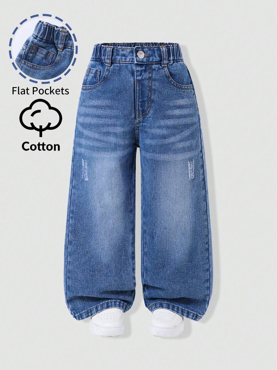 SHEIN 少女 Y2K 街頭日常彈性腰直筒牛仔褲，平口袋設計，秋季日常 OOTD