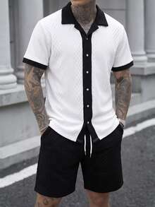 Manfinity CasualCool Men's Knit Jacquard Solid Color Patchwork Shirt Set - Multicolor - View 1