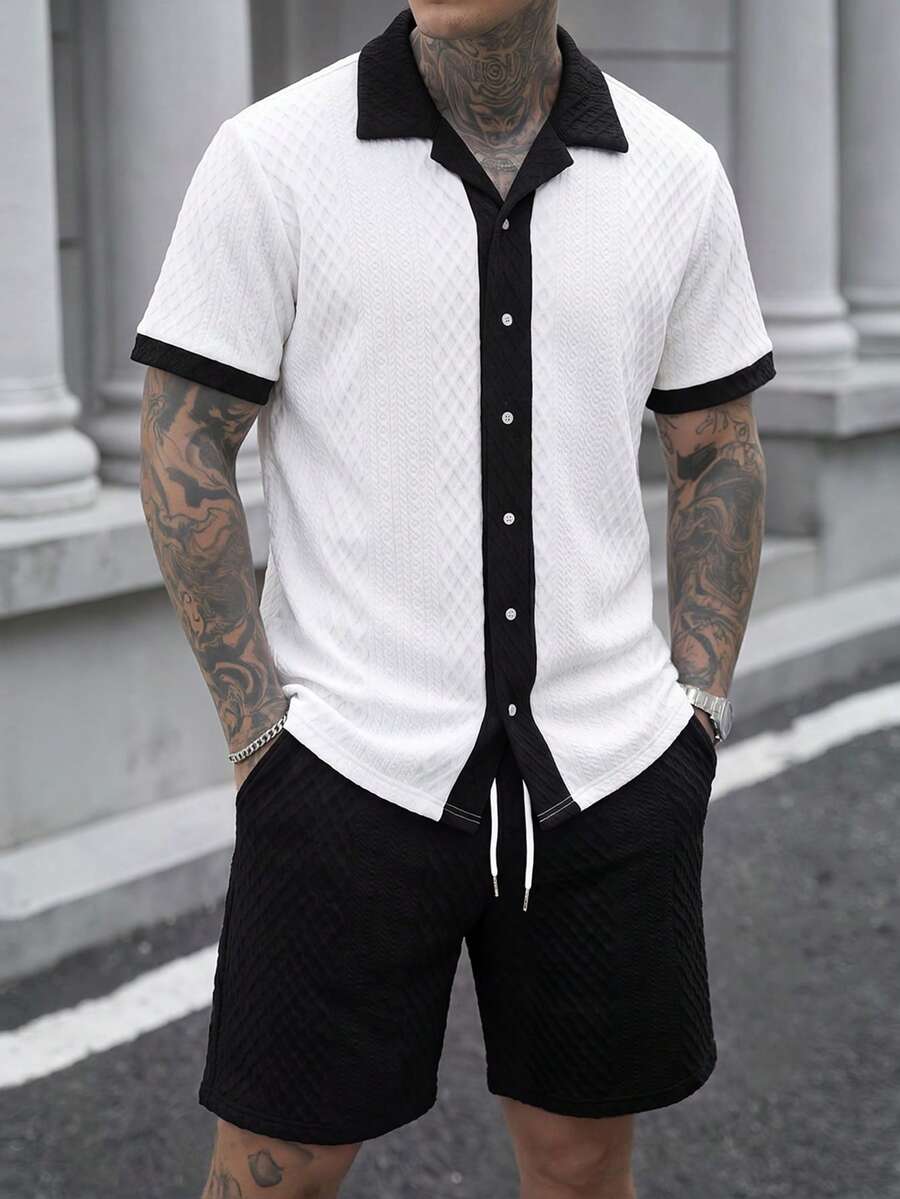 Manfinity CasualCool Men's Knit Jacquard Solid Color Patchwork Shirt Set - Multicolor - View 1