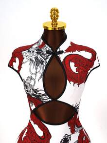Mistrie Women's Chinese Dragon Print Buttoned Hollow-Out Cap Sleeve Bodycon Dress - Red and White - View 3