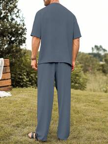 Palmeraft Men's Solid Color Mid-Sleeve T-Shirt And Long Pants Casual Everyday Set - Medium Wash - View 2