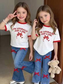 SHEIN 2pcs Baby Girl American Casual Set, Letter & Bow Print Colorblock Trim Short Sleeve Top With Red Bow Decor Retro Flared Long Pants, Lightweight Outfit, Suitable For School, Outings, Daily Wear In Spring, Summer, And Early Autumn - Multicolor - View 3