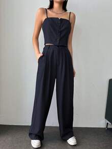 DAZY 2pcs Off-Shoulder Backless Camisole Top & High Waist Loose Casual Suit Pants Set - Navy Blue - View 4