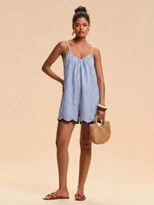 Travachic 女款條紋休閒細肩帶連身短褲 - 藍色 - 查看 4
