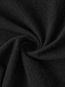 SHEIN VCAY 休閒極簡度假風白色貝殼刺繡裝飾 100% 水洗棉梭織襯衫，適合春夏度假 - 黑色 - 查看 9