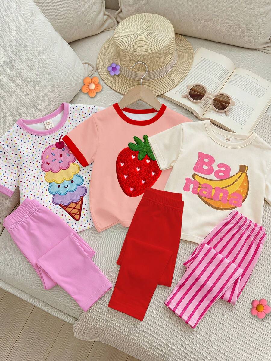 SHEIN 女嬰休閒簡約可愛夏季冰淇淋圖案、彩色波點印花、甜美奶油風、圓領寬鬆短袖T恤與內搭褲套裝,適合春夏,圖案設計,舒適,女童套裝,Y2K,Kawaii - 彩色 - 查看 1