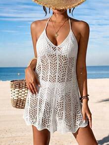 Swim Vcay Vestido de playa casual para mujer Swim Chiccia primavera/verano, cuello en V, sin mangas, hombros descubiertos, espalda abierta con lazo, traje de baño casual, negro, sexy, para club, salidas, conciertos, fiestas, citas y vacaciones - Blanco - Ver 4
