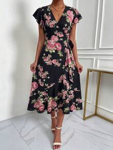 SHEIN Holidaya 女款優雅V領側綁帶開衩浪漫玫瑰印花洋裝 - 黑色 - 查看 4