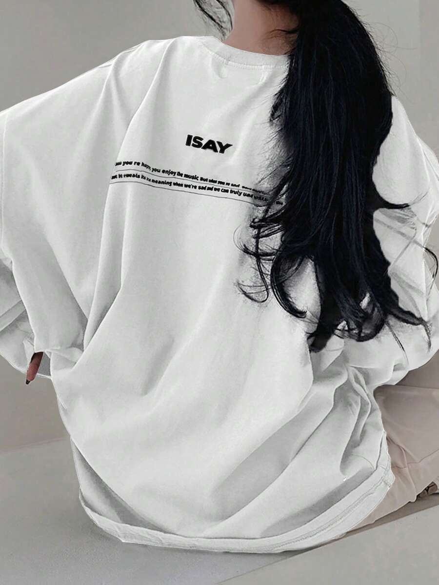 DAZY 女式春夏宽松休闲 T 恤,带标语印花、落肩和圆领学院风上衣、长袖女式上衣 - 白色 - 查看 1