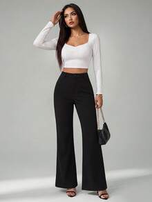 SHEIN Tall Celana Panjang Wanita Warna Polos Kancing Depan Kasual Model Pas Badan Model Flare - Hitam - View 4