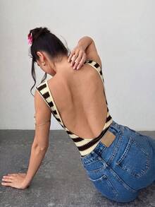 Firerie 女款優雅浪漫時尚通勤性感條紋露背連身衣，適合派對、度假、浪漫約會、婚禮與生日 - 彩色 - 查看 4