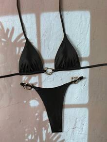 Swim Vcay 女款新款時尚掛脖細肩帶露背金屬飾邊性感三角比基尼套裝 - 黑色 - 查看 3