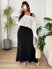SHEIN EZwear 休閒優雅大尺碼女款蕾絲不對稱肩長袖上衣與背心洋裝兩件套 正式早午餐婚禮賓客穿搭 白色黑色 秋季 - 黑色 - 查看 5